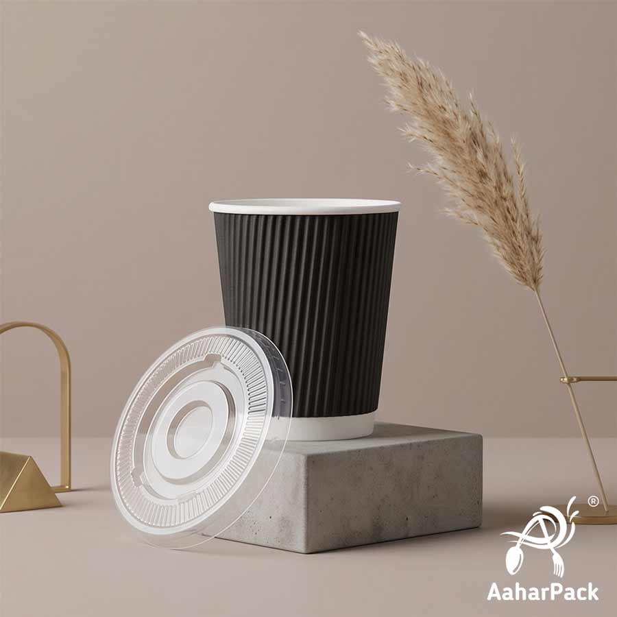 250 ML (8 oz) Black Ripple Wall Paper Cups With Flat Plastic Lids (Pack of 300) - Premium Insulated Takeaway Coffee Cups