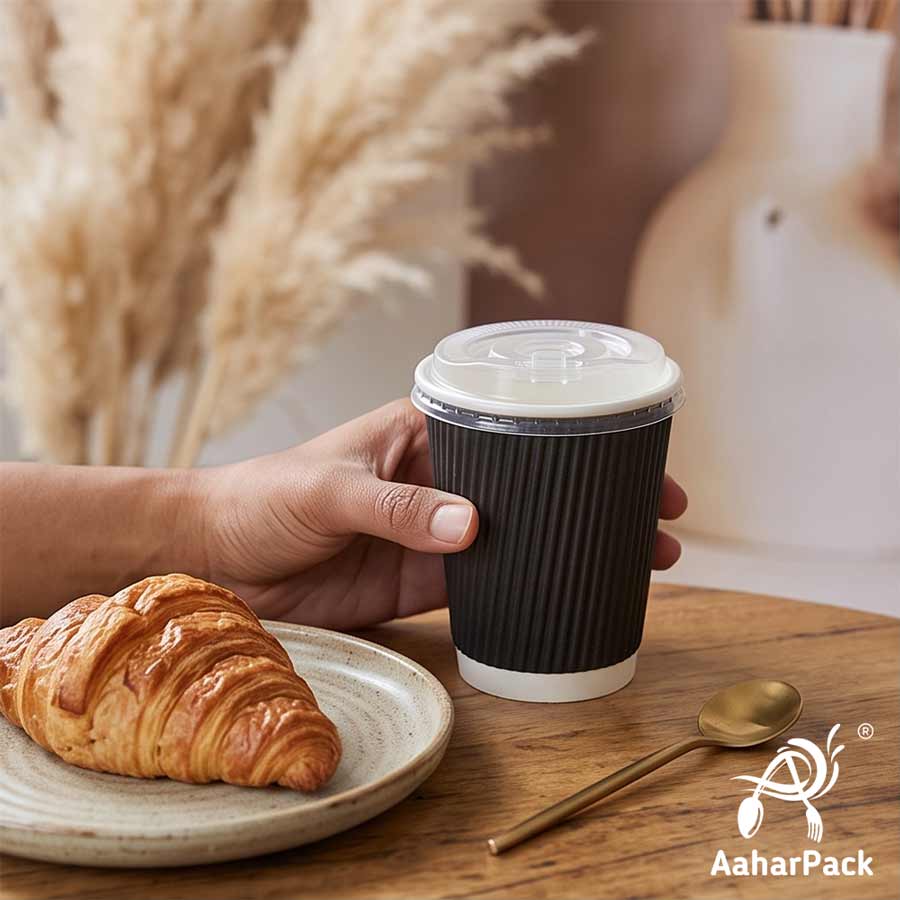 250 ML (8 oz) Black Ripple Wall Paper Cups With Flat Plastic Lids (Pack of 300) - Premium Insulated Takeaway Coffee Cups