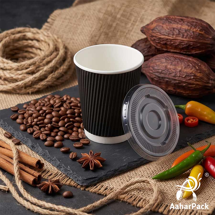 250 ML (8 oz) Black Ripple Wall Paper Cups With Flat Plastic Lids (Pack of 300) - Premium Insulated Takeaway Coffee Cups