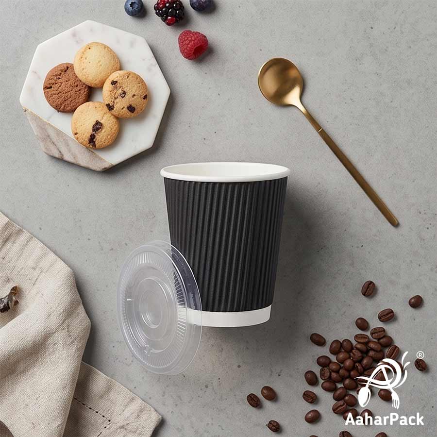 250 ML (8 oz) Black Ripple Wall Paper Cups With Flat Plastic Lids (Pack of 300) - Premium Insulated Takeaway Coffee Cups