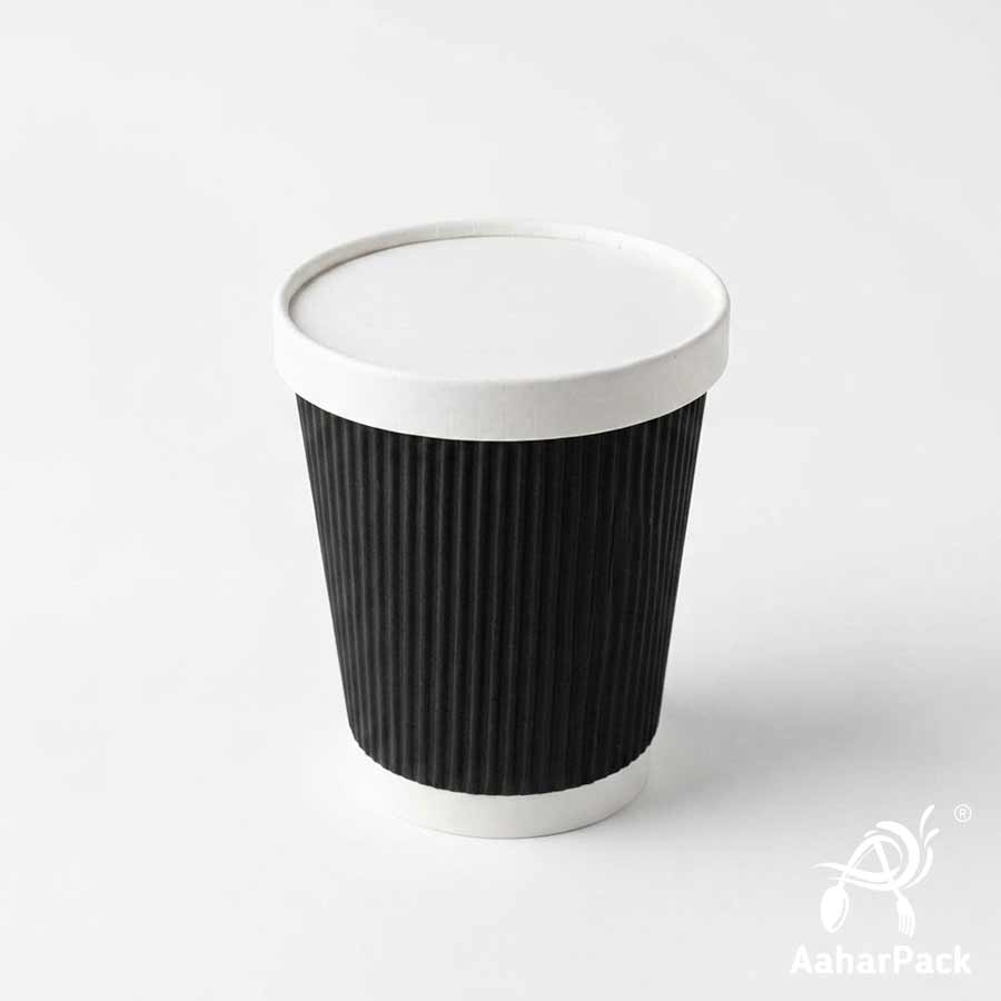 250 ML (8 oz) Black Ripple Wall Paper Cups With Flat Paper Lids (Pack of 150) - 100% Plastic-Free Premium Insulated Coffee Cups