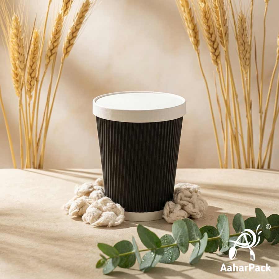 250 ML (8 oz) Black Ripple Wall Paper Cups With Flat Paper Lids (Pack of 150) - 100% Plastic-Free Premium Insulated Coffee Cups