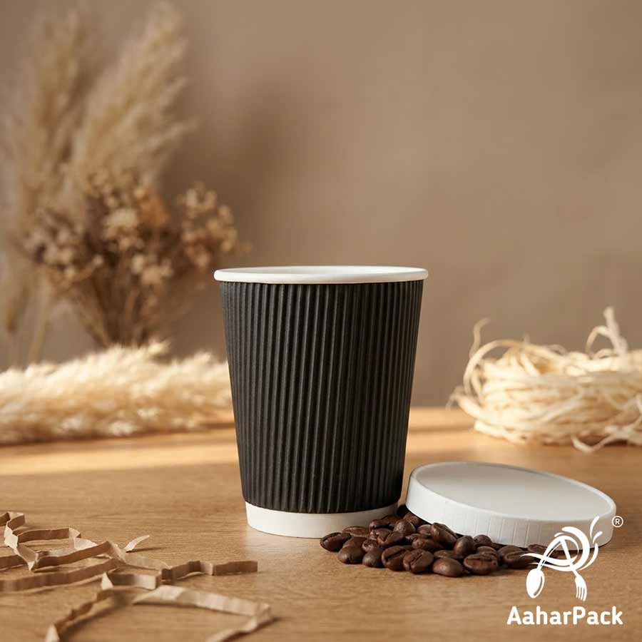 250 ML (8 oz) Black Ripple Wall Paper Cups With Flat Paper Lids (Pack of 150) - 100% Plastic-Free Premium Insulated Coffee Cups