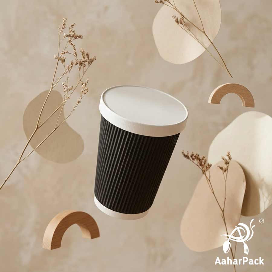 250 ML (8 oz) Black Ripple Wall Paper Cups With Flat Paper Lids (Pack of 150) - 100% Plastic-Free Premium Insulated Coffee Cups