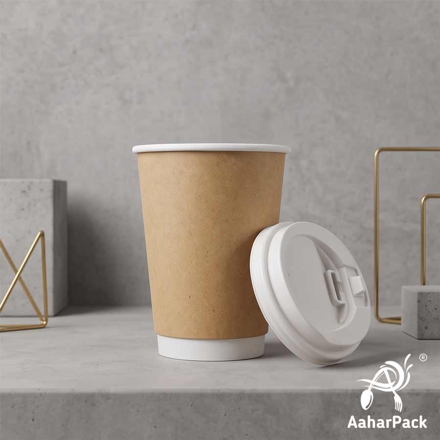300 ML (10 oz) Kraft Double Wall Paper Cups with Lockable White Sipper Lids (Pack of 200) - Spill-Proof Insulated Takeaway Cups