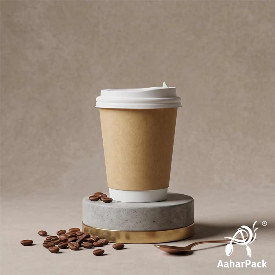 300 ML (10 oz) Kraft Double Wall Paper Cups with Lockable White Sipper Lids (Pack of 200) - Spill-Proof Insulated Takeaway Cups