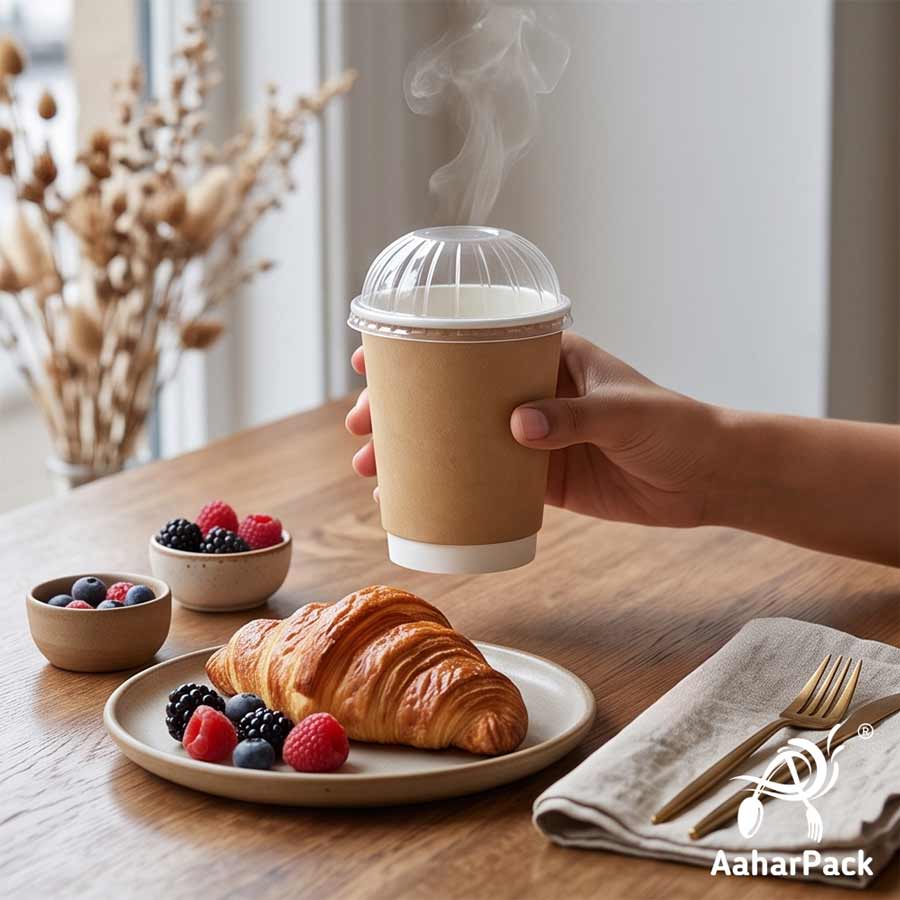 300 ML (10 oz) Kraft Double Wall Paper Cups With Dome Lids (Pack of 100) - Premium Insulated Eco-Friendly Coffee Cups