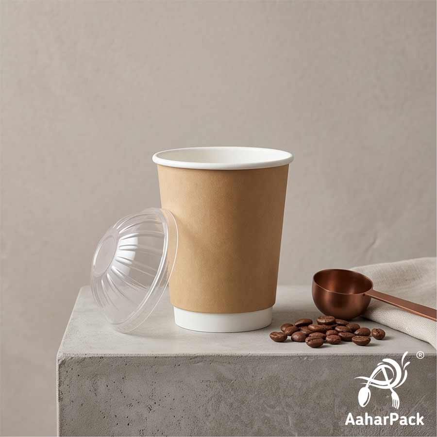 300 ML (10 oz) Kraft Double Wall Paper Cups With Dome Lids (Pack of 100) - Premium Insulated Eco-Friendly Coffee Cups