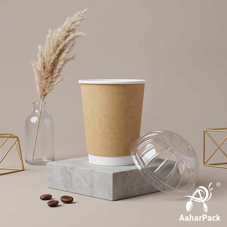 300 ML (10 oz) Kraft Double Wall Paper Cups With Dome Lids (Pack of 100) - Premium Insulated Eco-Friendly Coffee Cups