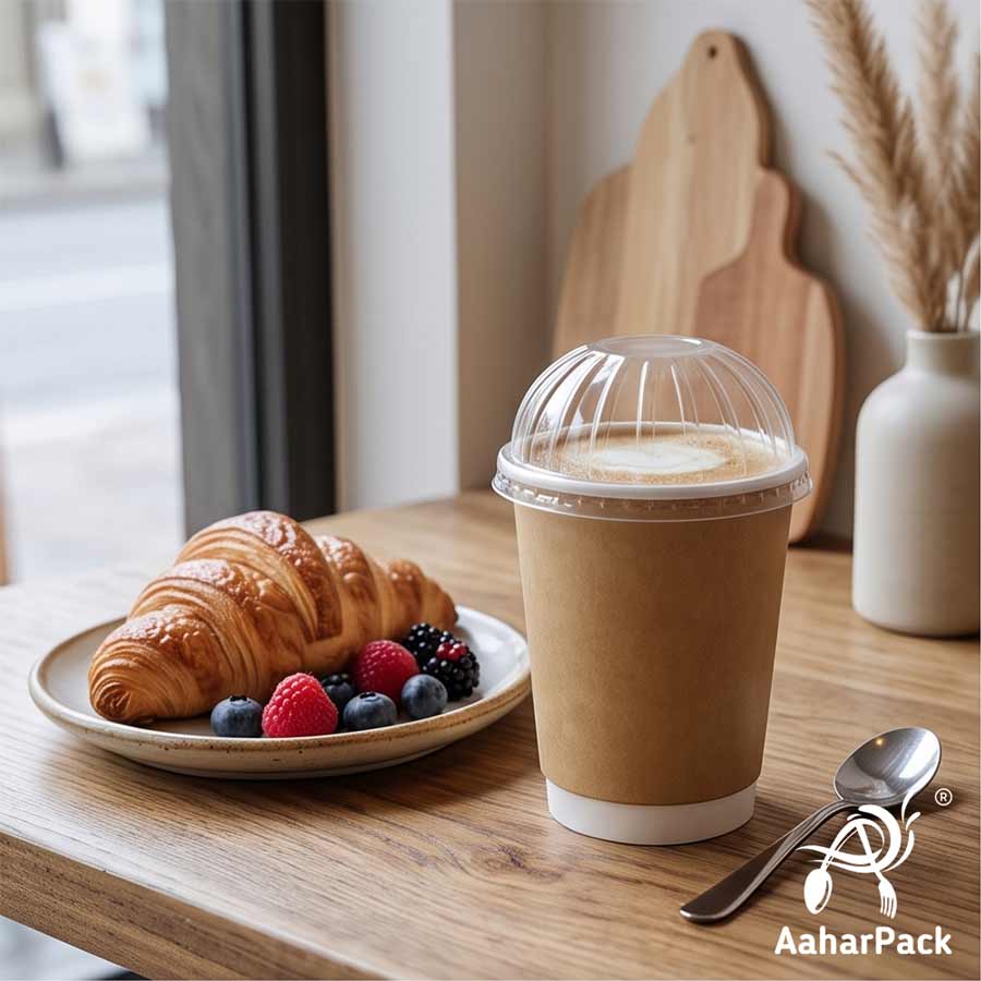 300 ML (10 oz) Kraft Double Wall Paper Cups With Dome Lids (Pack of 100) - Premium Insulated Eco-Friendly Coffee Cups
