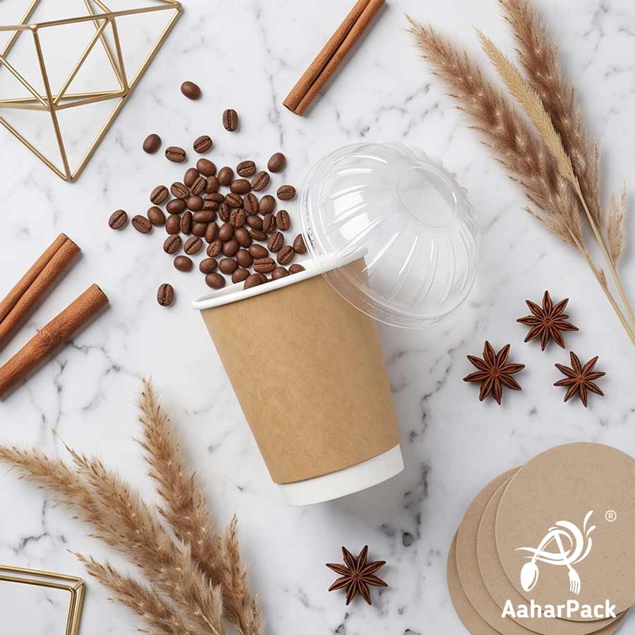 300 ML (10 oz) Kraft Double Wall Paper Cups With Dome Lids (Pack of 100) - Premium Insulated Eco-Friendly Coffee Cups