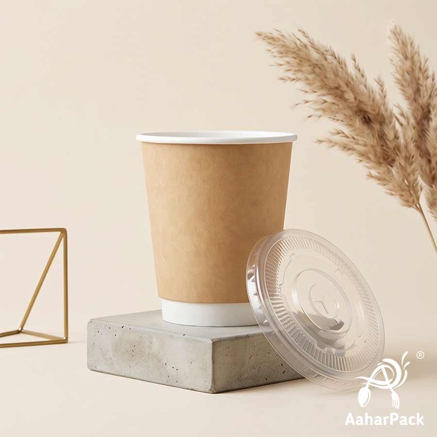 300 ML (10 oz) Kraft Double Wall Paper Cups With Flat Plastic Lids (Pack of 100) - Insulated Takeaway Coffee Cups