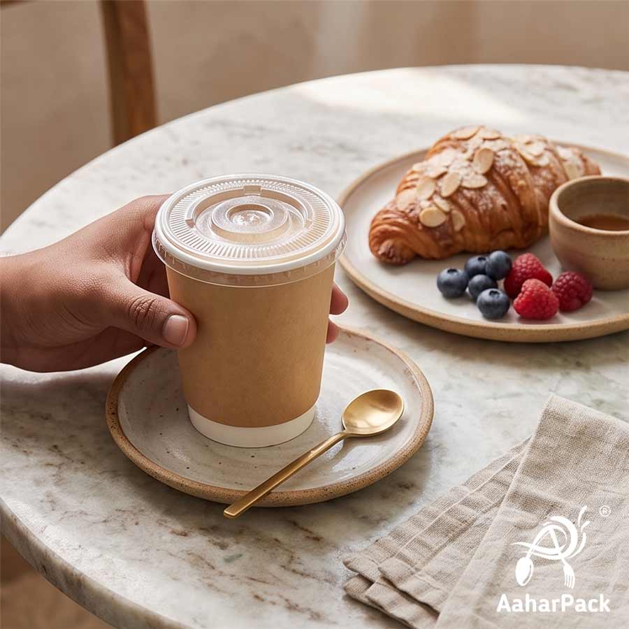 300 ML (10 oz) Kraft Double Wall Paper Cups With Flat Plastic Lids (Pack of 100) - Insulated Takeaway Coffee Cups