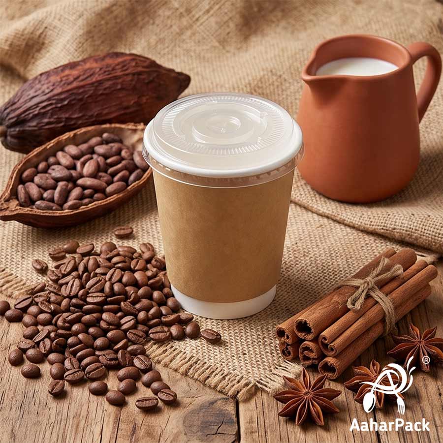 300 ML (10 oz) Kraft Double Wall Paper Cups With Flat Plastic Lids (Pack of 100) - Insulated Takeaway Coffee Cups