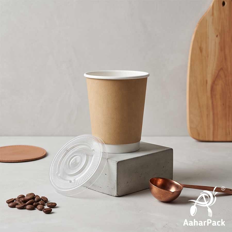 300 ML (10 oz) Kraft Double Wall Paper Cups With Flat Plastic Lids (Pack of 100) - Insulated Takeaway Coffee Cups