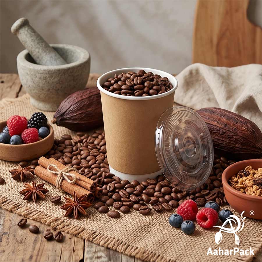 300 ML (10 oz) Kraft Double Wall Paper Cups With Flat Plastic Lids (Pack of 100) - Insulated Takeaway Coffee Cups