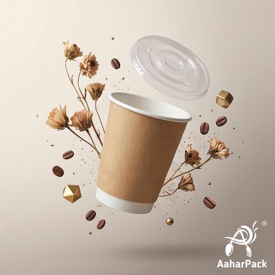 300 ML (10 oz) Kraft Double Wall Paper Cups With Flat Plastic Lids (Pack of 100) - Insulated Takeaway Coffee Cups