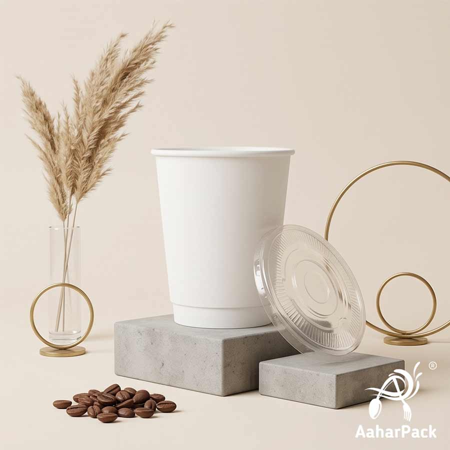 300 ML (10 oz) White Double Wall Paper Cups With Flat Plastic Lids (Pack of 100) - Insulated Takeaway Coffee Cups