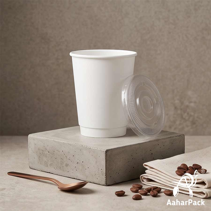 300 ML (10 oz) White Double Wall Paper Cups With Flat Plastic Lids (Pack of 100) - Insulated Takeaway Coffee Cups