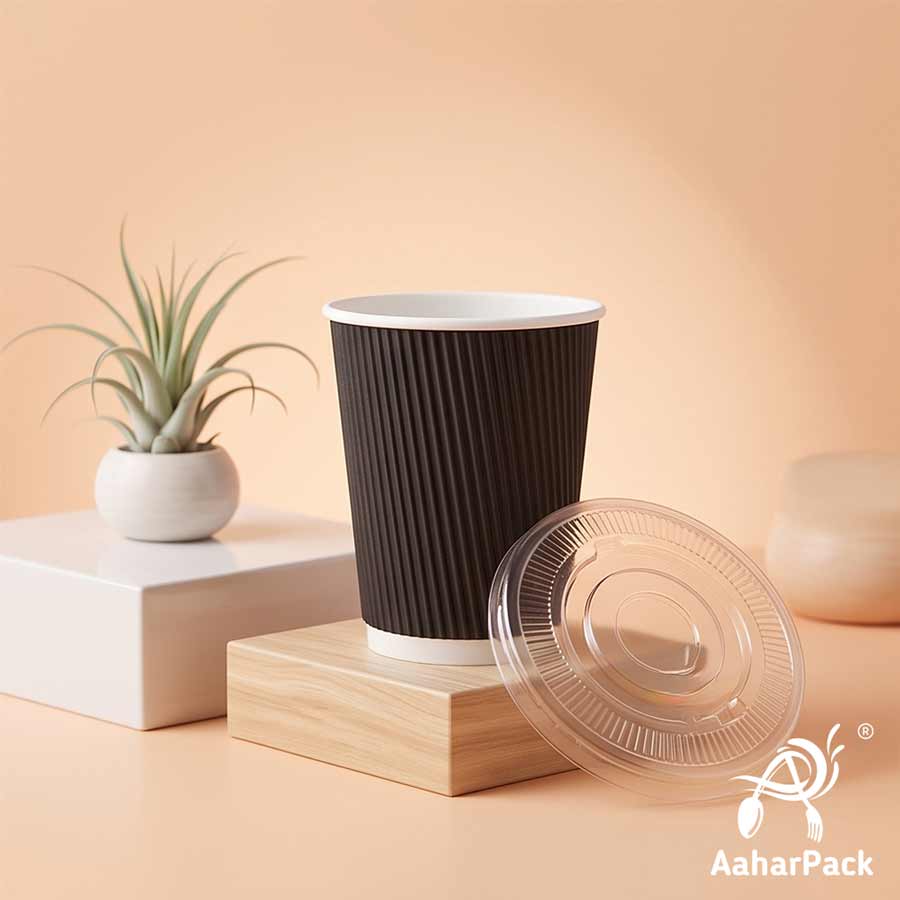 300 ML (10 oz) Black Ripple Wall Paper Cups With Flat Plastic Lids (Pack of 100) - Premium Insulated Takeaway Coffee Cups
