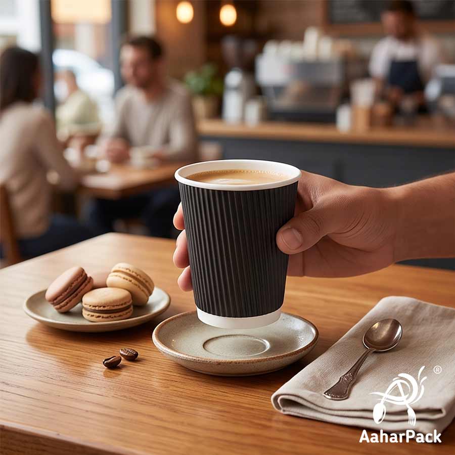 300 ML (10 oz) Black Ripple Wall Paper Cups With Flat Plastic Lids (Pack of 100) - Premium Insulated Takeaway Coffee Cups