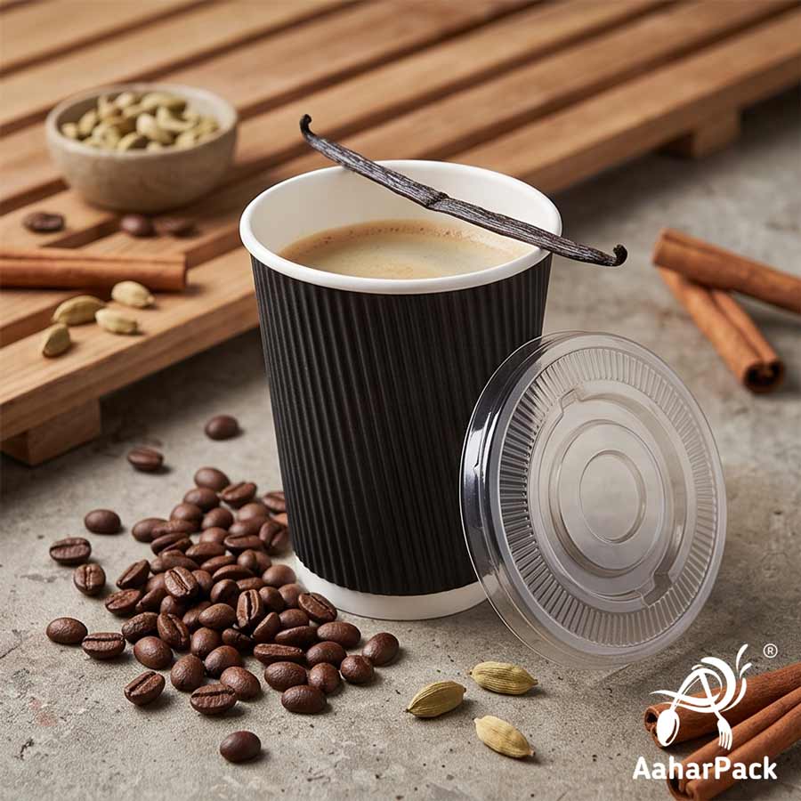 300 ML (10 oz) Black Ripple Wall Paper Cups With Flat Plastic Lids (Pack of 100) - Premium Insulated Takeaway Coffee Cups