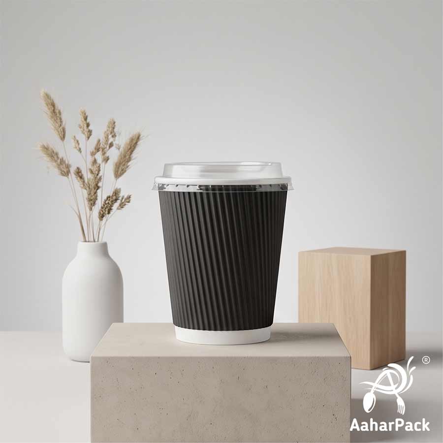 300 ML (10 oz) Black Ripple Wall Paper Cups With Flat Plastic Lids (Pack of 100) - Premium Insulated Takeaway Coffee Cups