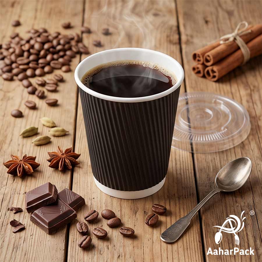 300 ML (10 oz) Black Ripple Wall Paper Cups With Flat Plastic Lids (Pack of 100) - Premium Insulated Takeaway Coffee Cups