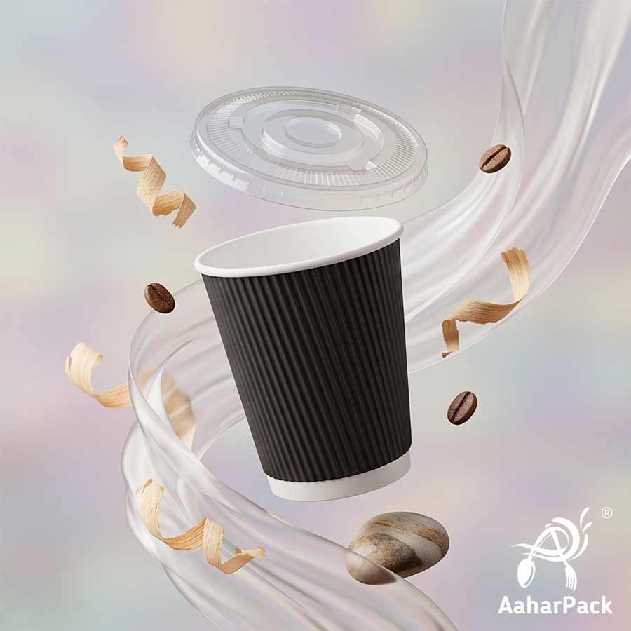 300 ML (10 oz) Black Ripple Wall Paper Cups With Flat Plastic Lids (Pack of 100) - Premium Insulated Takeaway Coffee Cups