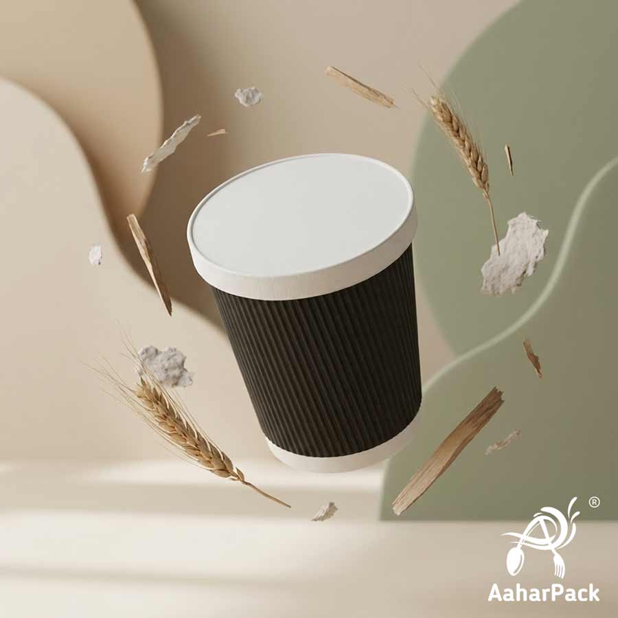 Black Ripple Wall Paper Cup with Paper Flat Lid