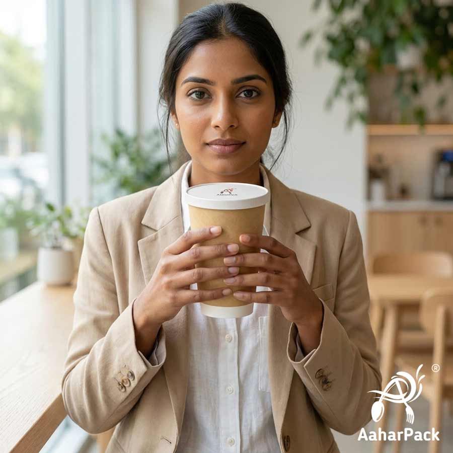 300 ML Long Kraft Double Wall Paper Cups With Flat Paper Lids (Pack of 150) - 100% Plastic-Free Tall Insulated Coffee Cups