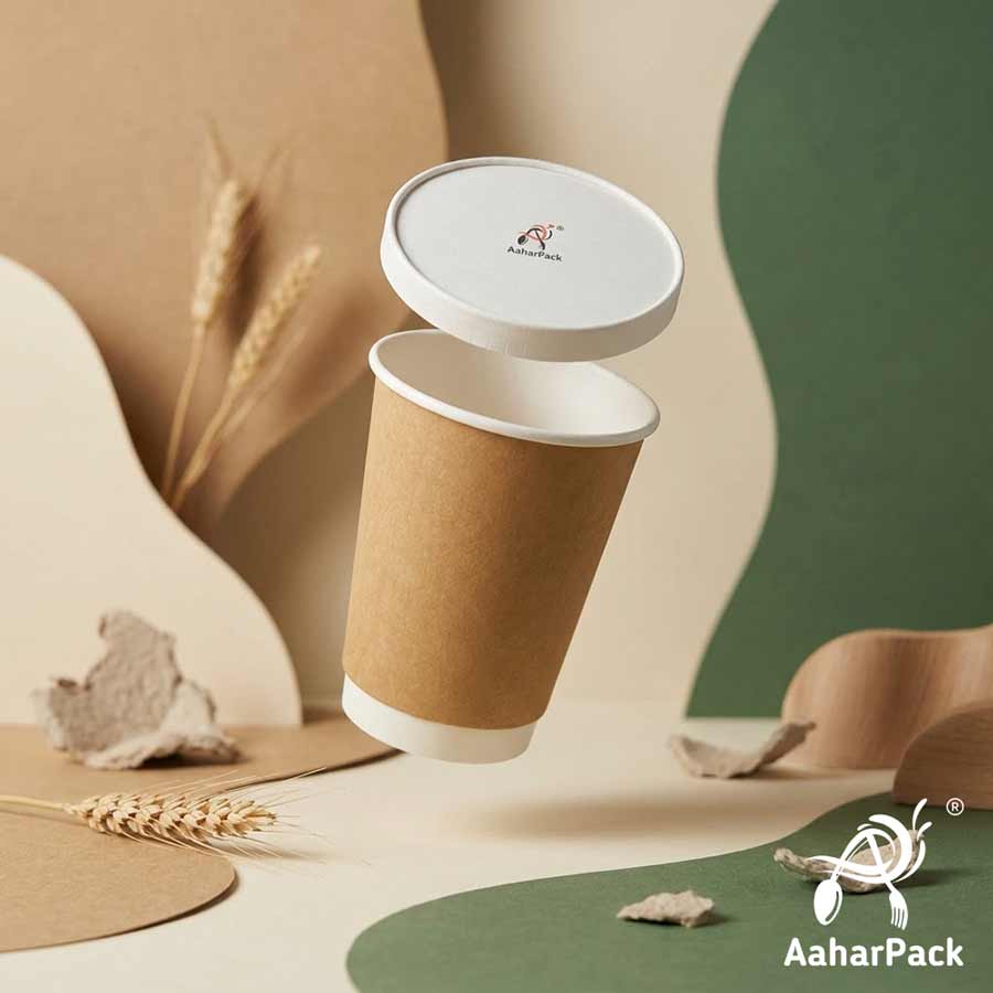 300 ML Long Kraft Double Wall Paper Cups With Flat Paper Lids (Pack of 150) - 100% Plastic-Free Tall Insulated Coffee Cups