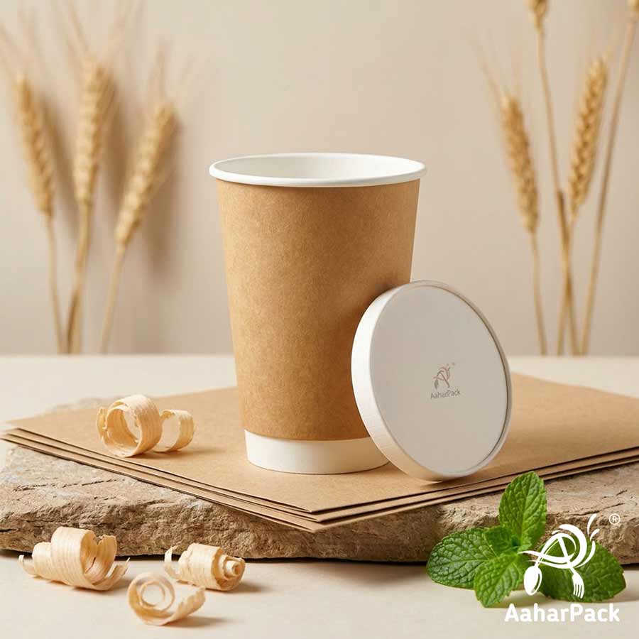 300 ML Long Kraft Double Wall Paper Cups With Flat Paper Lids (Pack of 150) - 100% Plastic-Free Tall Insulated Coffee Cups