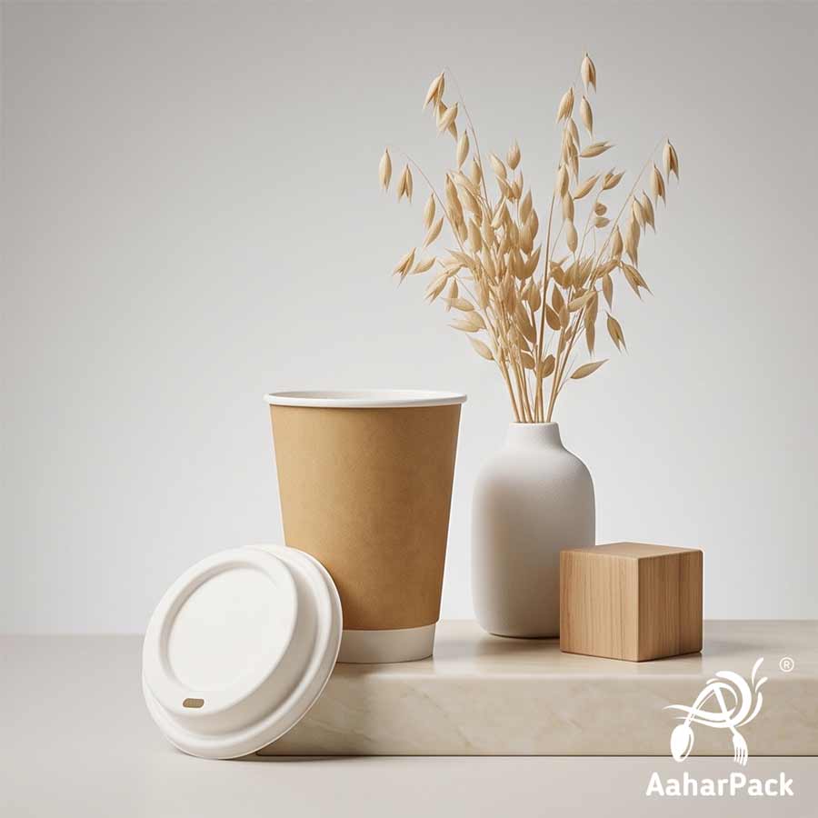 300 ML Long Kraft Double Wall Paper Cups with Bagasse Sipper Lids (Pack of 150) - Tall 100% Plastic-Free Insulated Takeaway Cups