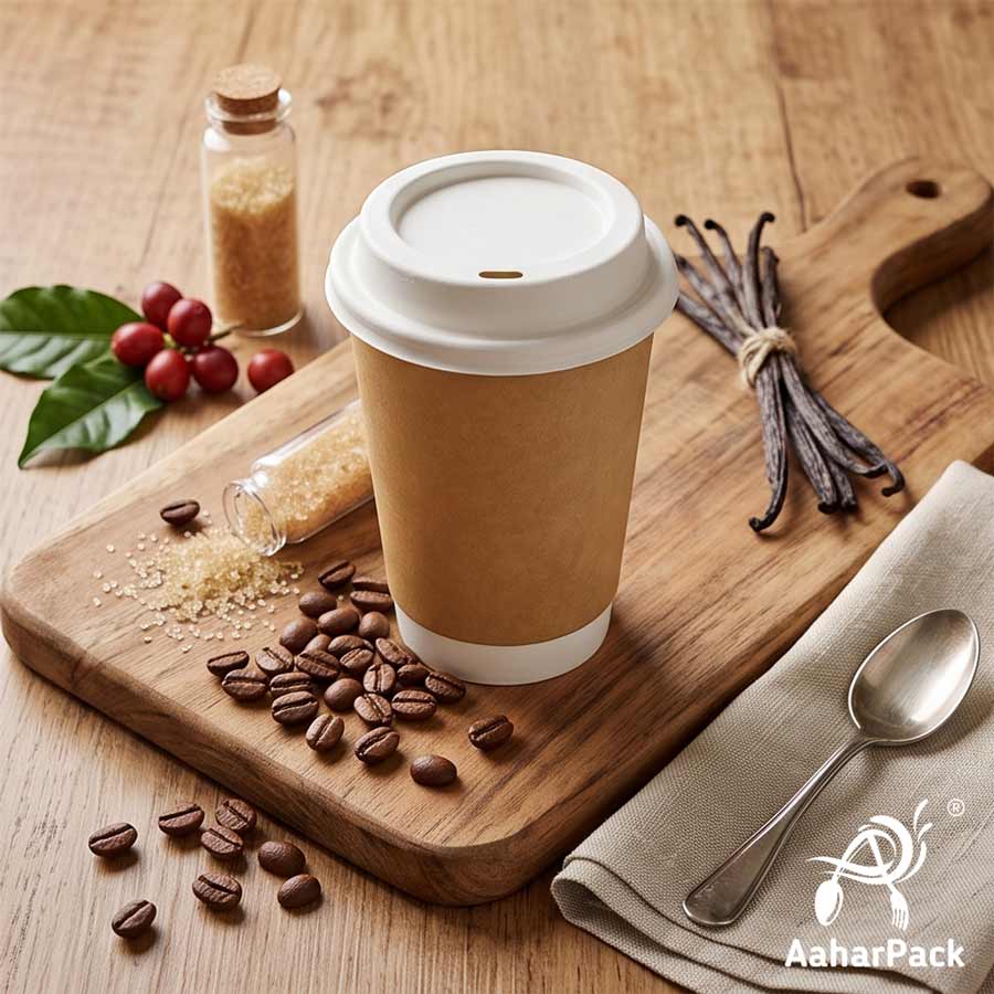 300 ML Long Kraft Double Wall Paper Cups with Bagasse Sipper Lids (Pack of 150) - Tall 100% Plastic-Free Insulated Takeaway Cups