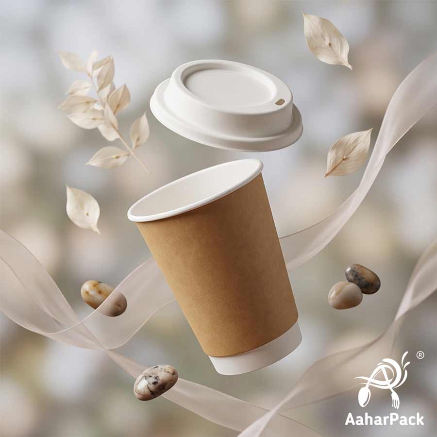 300 ML Long Kraft Double Wall Paper Cups with Bagasse Sipper Lids (Pack of 150) - Tall 100% Plastic-Free Insulated Takeaway Cups