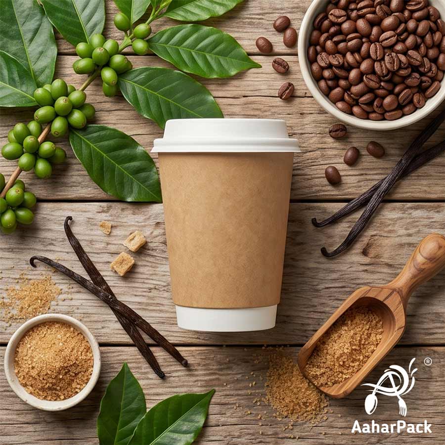 300 ML Long Kraft Double Wall Paper Cups with Bagasse Sipper Lids (Pack of 150) - Tall 100% Plastic-Free Insulated Takeaway Cups