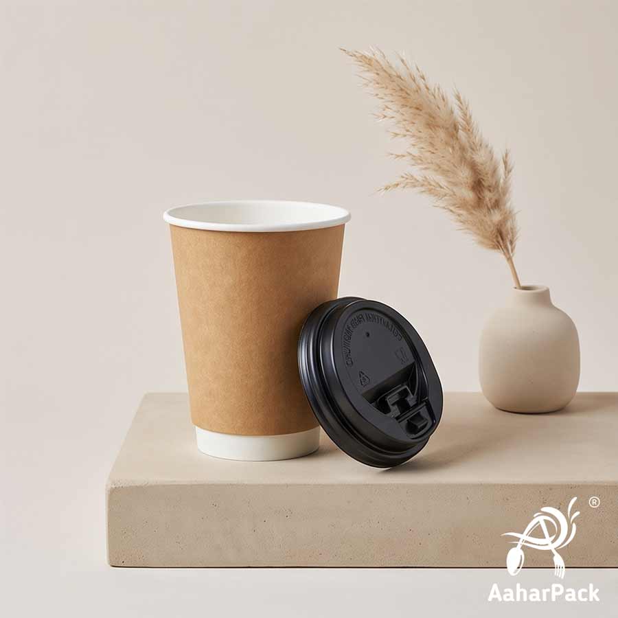 300 ML Long Kraft Double Wall Paper Cups with Lockable Black Sipper Lids (Pack of 150) - Tall Spill-Proof Insulated Takeaway Cups