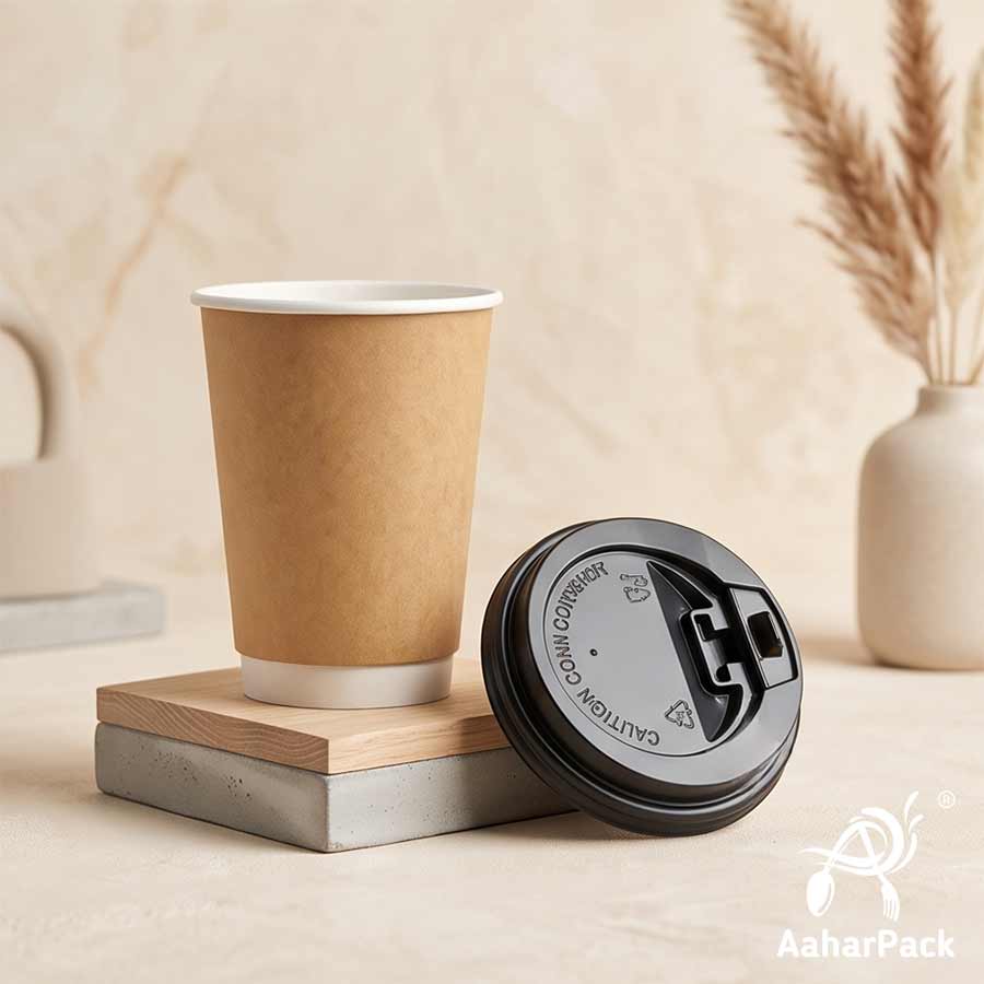 300 ML Long Kraft Double Wall Paper Cups with Lockable Black Sipper Lids (Pack of 150) - Tall Spill-Proof Insulated Takeaway Cups
