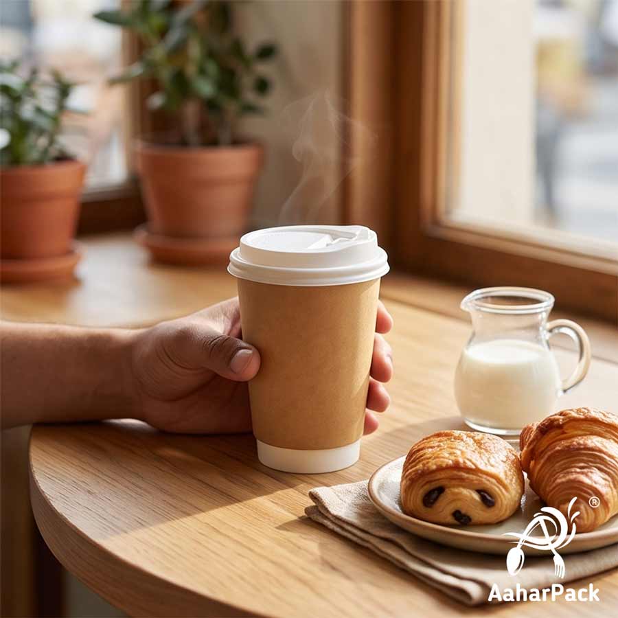 300 ML Long Kraft Double Wall Paper Cups with Lockable White Sipper Lids (Pack of 150) - Tall Spill-Proof Insulated Takeaway Cups