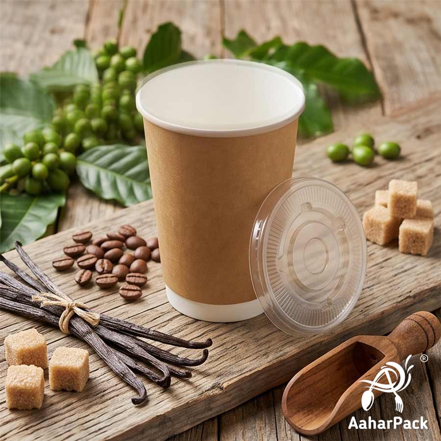 300 ML Long Kraft Double Wall Paper Cups With Flat Plastic Lids (Pack of 300) - Tall Insulated Takeaway Coffee Cups