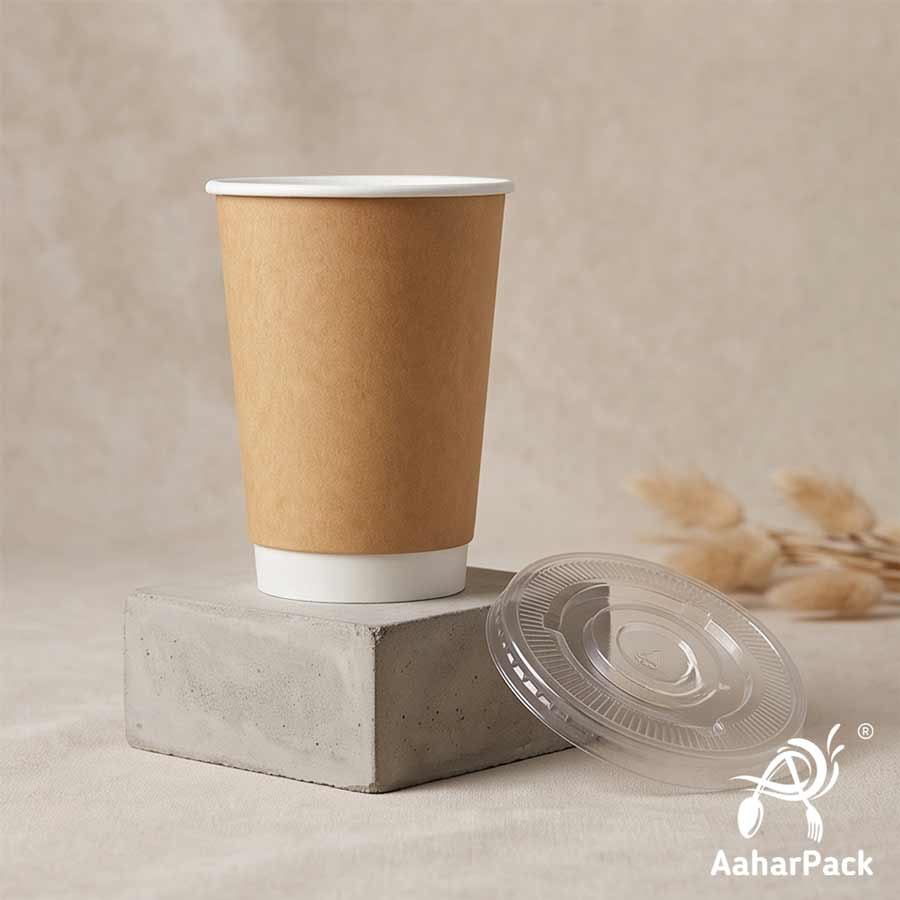 300 ML Long Kraft Double Wall Paper Cups With Flat Plastic Lids (Pack of 300) - Tall Insulated Takeaway Coffee Cups