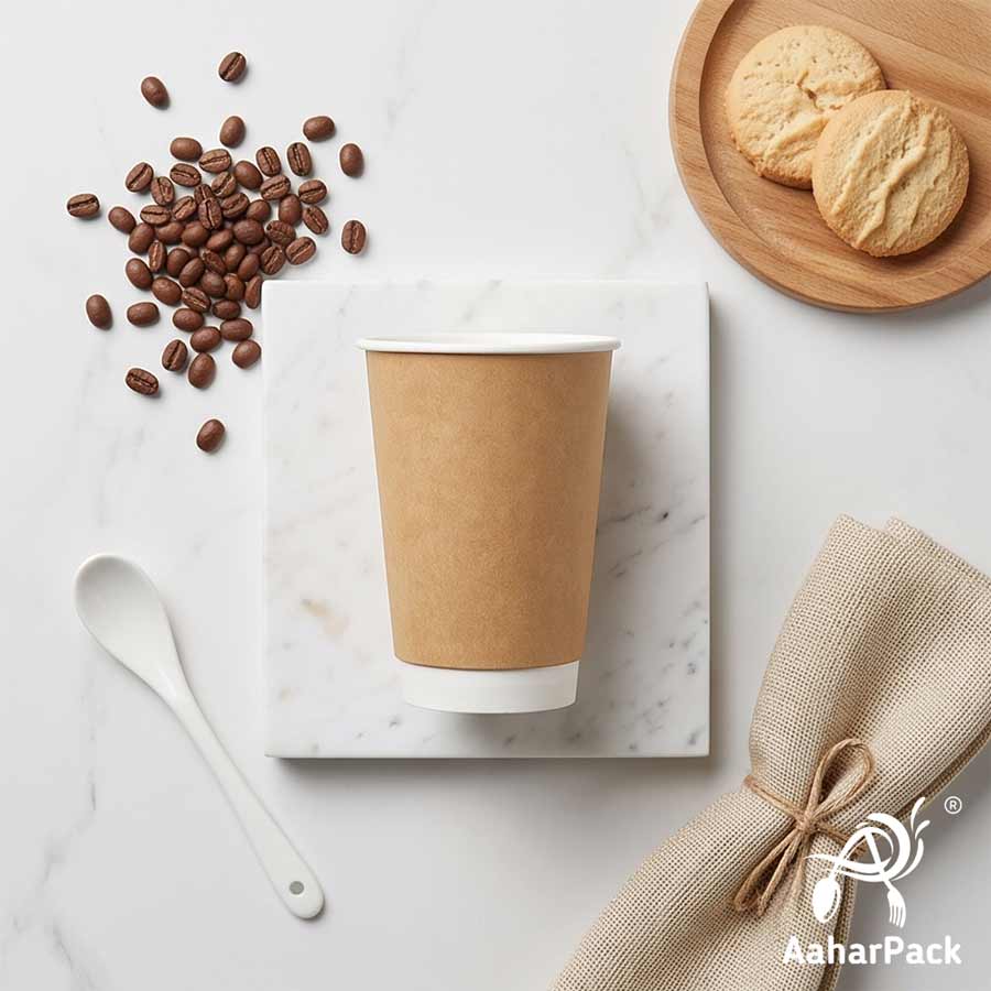 300 ML Long Kraft Double Wall Paper Cups With Flat Plastic Lids (Pack of 300) - Tall Insulated Takeaway Coffee Cups