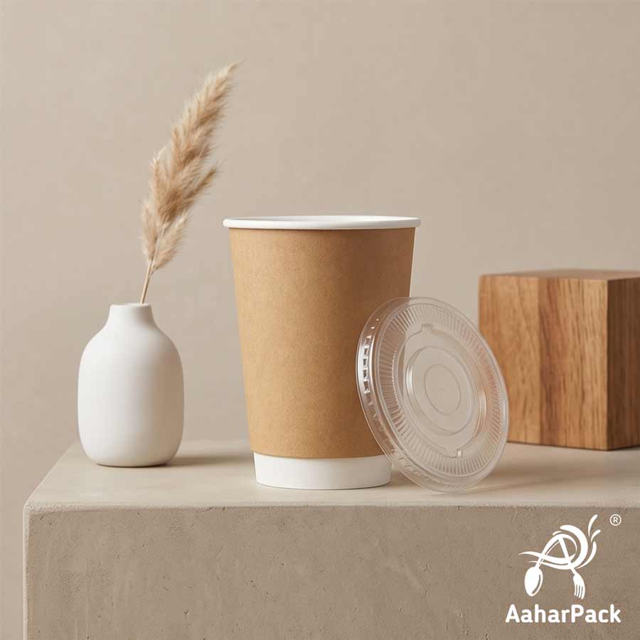 300 ML Long Kraft Double Wall Paper Cups With Flat Plastic Lids (Pack of 300) - Tall Insulated Takeaway Coffee Cups