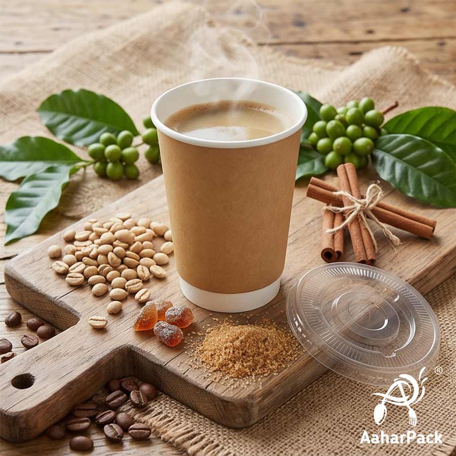300 ML Long Kraft Double Wall Paper Cups With Flat Plastic Lids (Pack of 300) - Tall Insulated Takeaway Coffee Cups