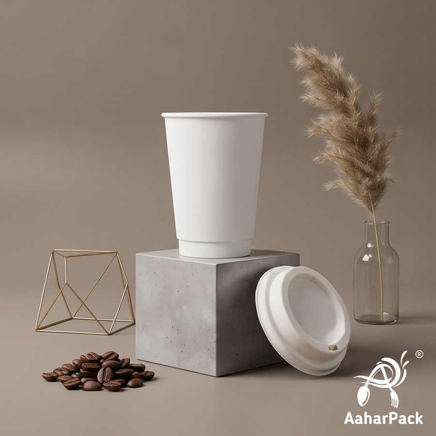 300 ML Long White Double Wall Paper Cups with Bagasse Sipper Lids (Pack of 150) - Tall 100% Plastic-Free Insulated Takeaway Cups