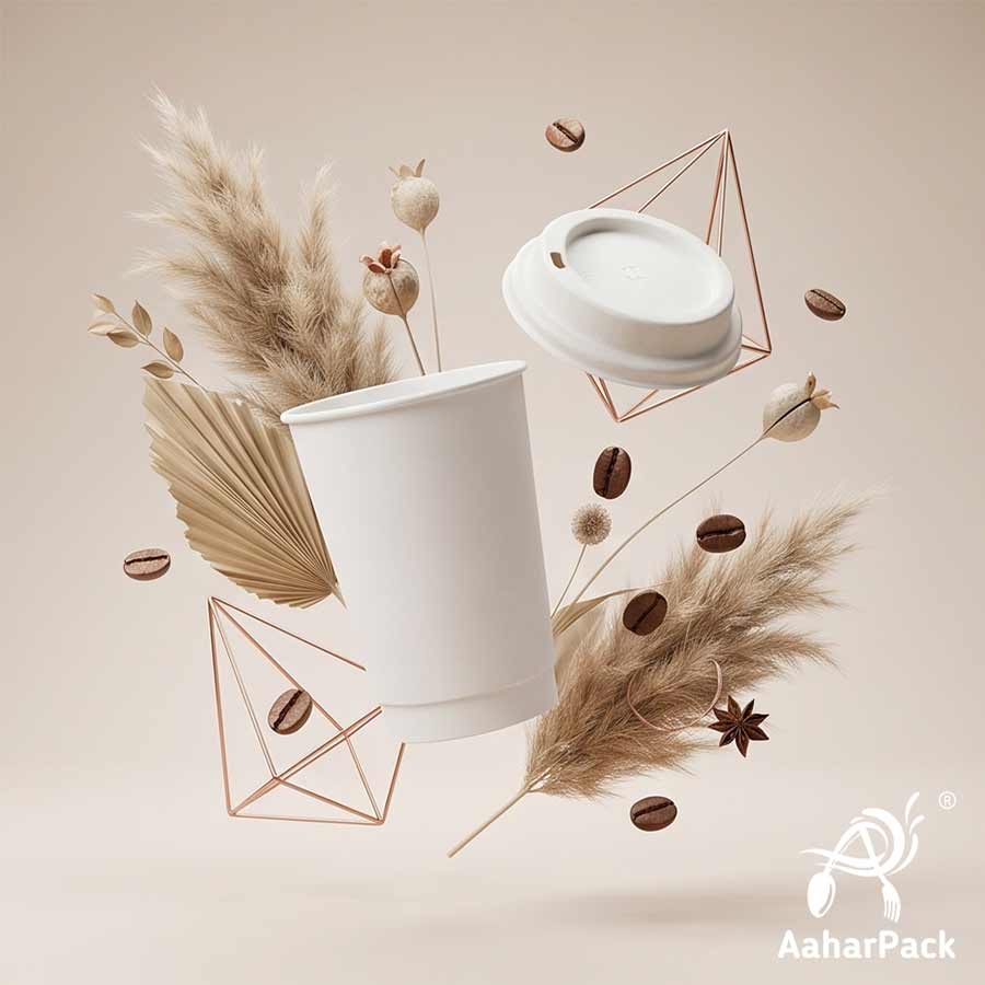 300 ML Long White Double Wall Paper Cups with Bagasse Sipper Lids (Pack of 150) - Tall 100% Plastic-Free Insulated Takeaway Cups