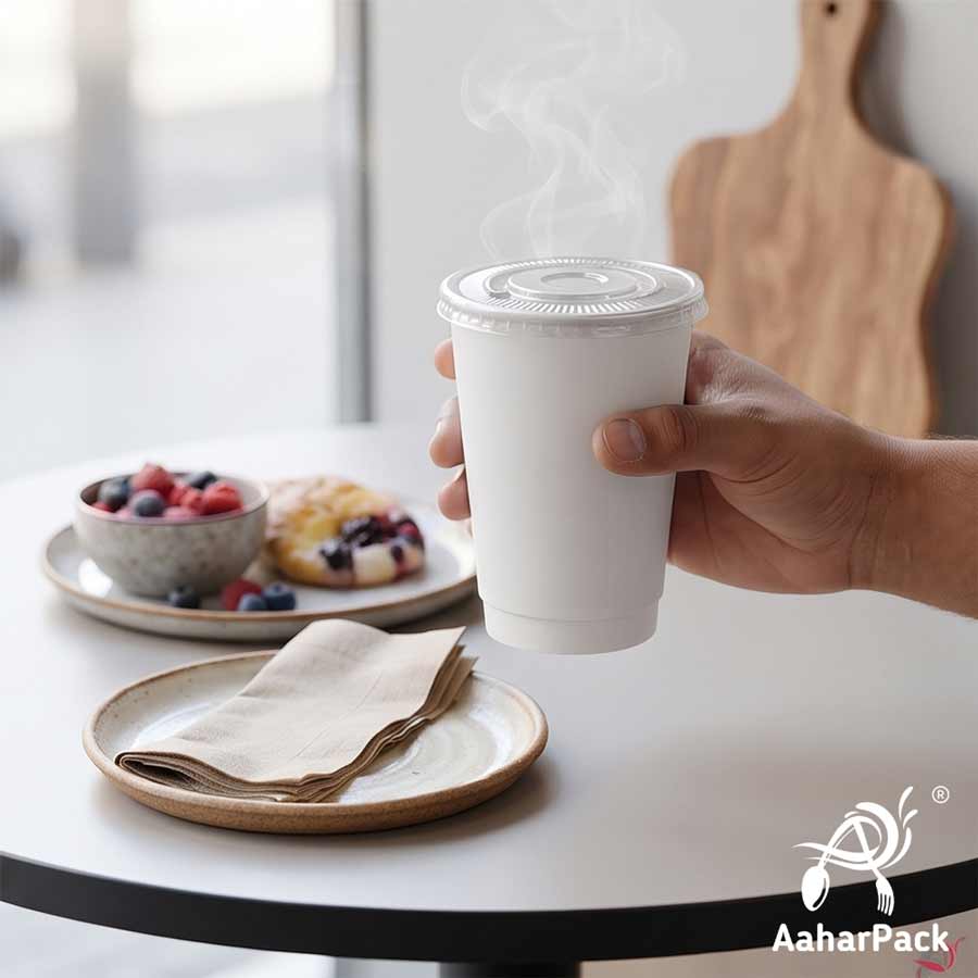 300 ML Long White Double Wall Paper Cups With Flat Plastic Lids (Pack of 300) - Tall Insulated Takeaway Coffee Cups