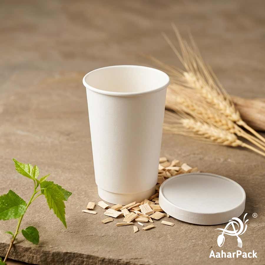 300 ML Long White Double Wall Paper Cups With Flat Paper Lids (Pack of 150) - 100% Plastic-Free Tall Insulated Coffee Cups