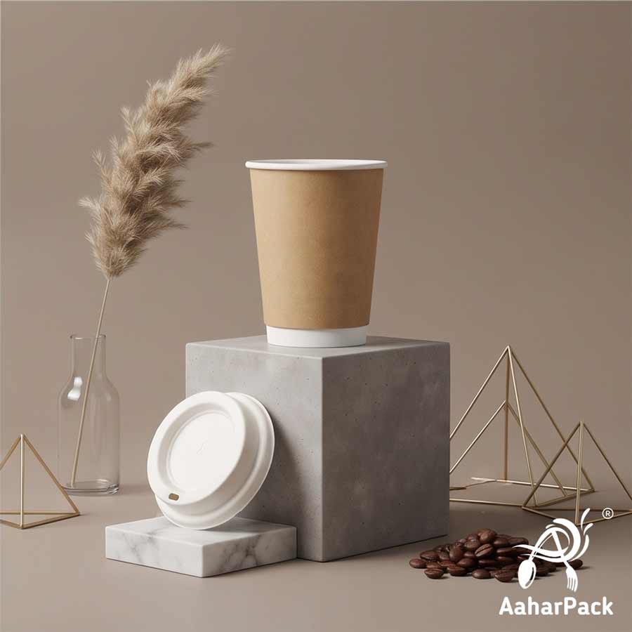 360 ML (12 oz) Kraft Double Wall Paper Cups with Bagasse Sipper Lids (Pack of 150) - 100% Plastic-Free Insulated Takeaway Cups